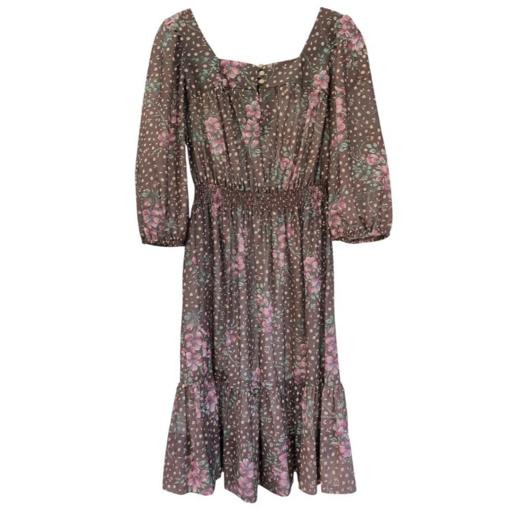 Jerell of Texas Vintage Floral Midi Dress Size 7 / Smal Brown Pink Smocked Waist